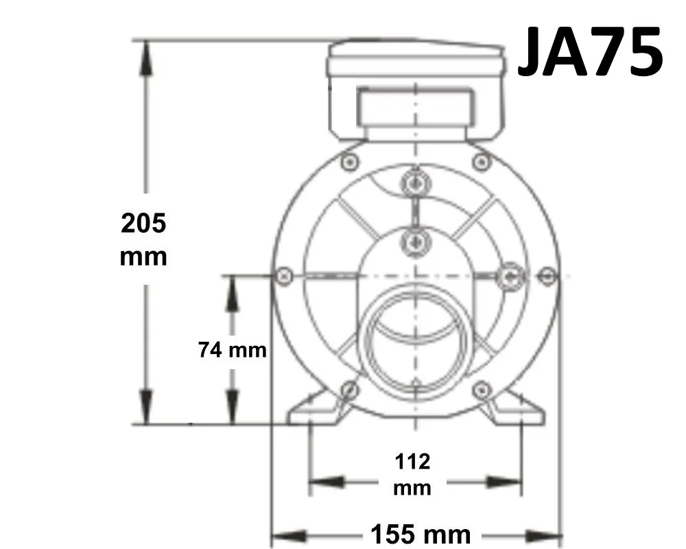 LX Whirlpool JA75 cirkulationspump med ribbad aluminiummotor, svart kopplingsbox och gängade in- och utloppsanslutningar.