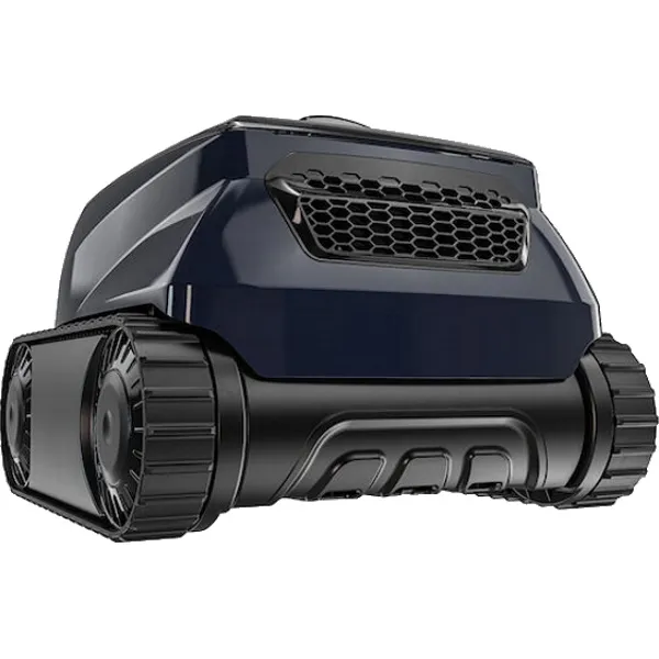Zodiac RE 4200 poolrobot sedd snett framifrån, med räfflade drivhjul och honeycomb-mönstrat vattenintag.