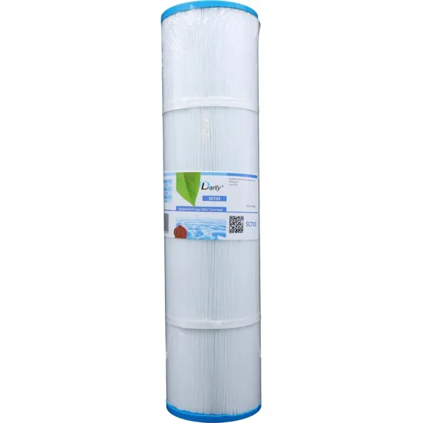 Spafilter Darlly SC733 med vitt plisserat filtermaterial och etikett, sedd rakt framifrån mot vit bakgrund.