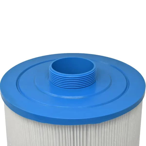 Spafilter Darlly SC739 med vita vecktade filterlager och blå topp och botten, sedd snett framifrån med produktetikett synlig.