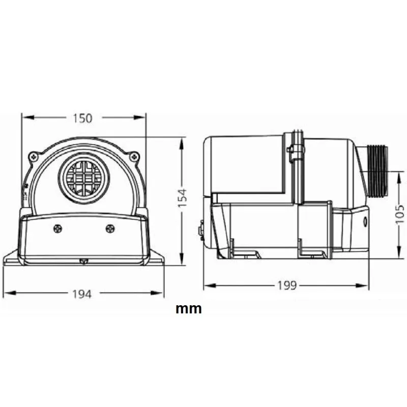 Måttritning av HA 7000 blower 450W pneum sedd framifrån och från sidan, med breddmått 150/194 mm och höjd 154/105 mm.
