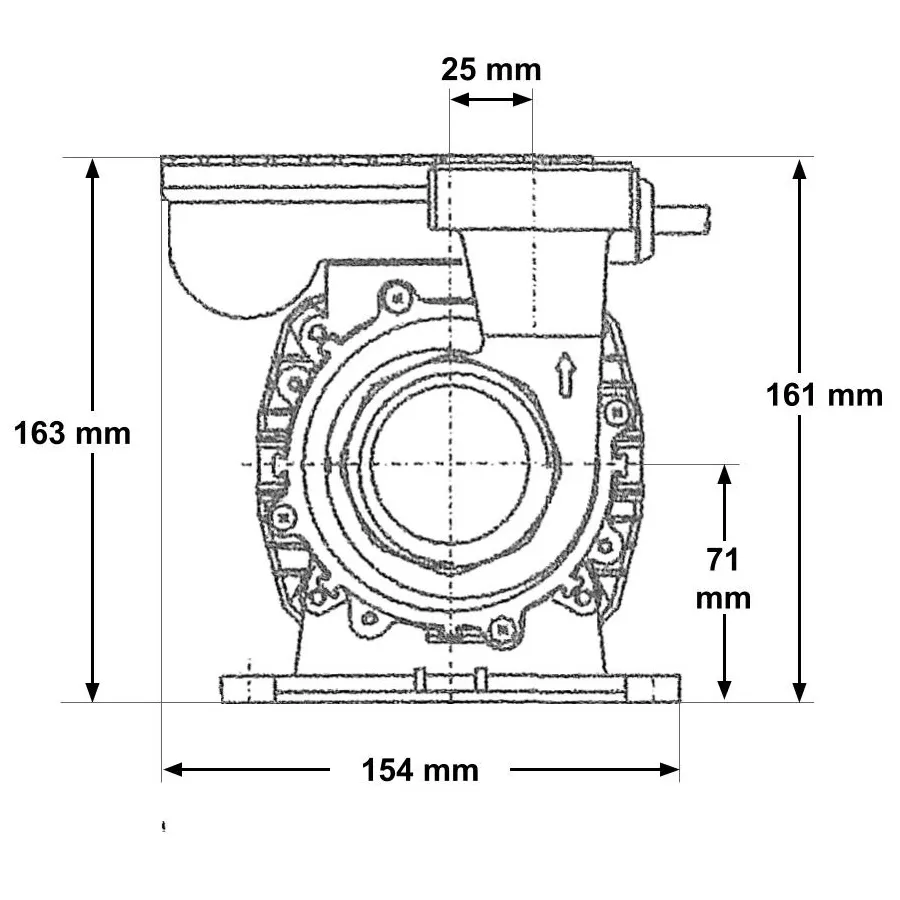 Måttritning av LX Whirlpool WE14, framifrån med totalhöjd 163 mm, bredd 154 mm och axelmått 25, 71 och 161 mm.