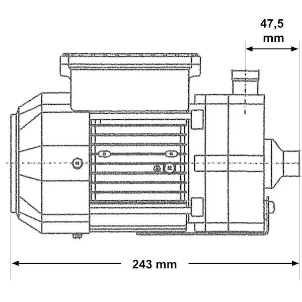Måttritning av LX Whirlpool WE10 sedd från sidan med kylflänsar, total längd 243 mm och anslutningsmått 47,5 mm.
