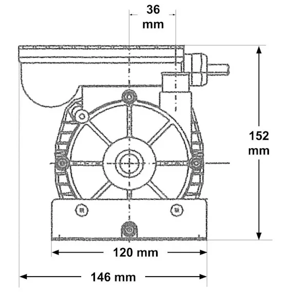 Måttritning av LX Whirlpool WE10 sett från sidan, med totalbredd 146 mm, höjd 152 mm och fästhålsavstånd 120 mm.