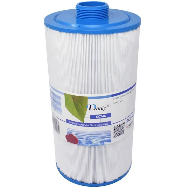 Närbild uppifrån på Darlly SC746 spafilter, veckat filtermaterial i vitt med blå plastring och centrumhål.