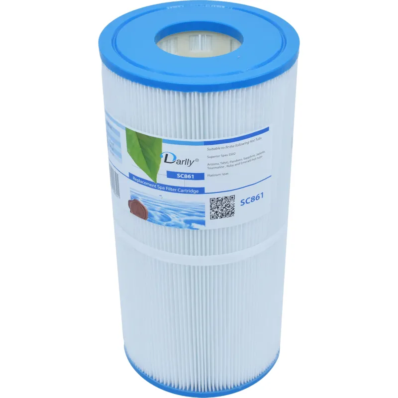 Darlly SC861 spafilter med veckat filtermaterial och blå ändlock, måtten 335 mm höjd, 160 mm diameter och 70 mm öppning vi...