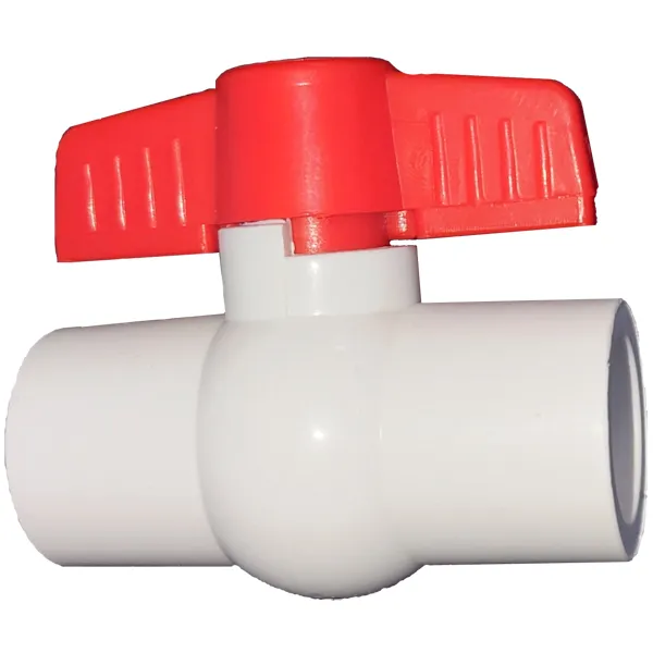 Kulventil 1/2 tum F/F i vit PVC med rött vred, måttmarkering visar 1/2 tum (21mm) anslutning.