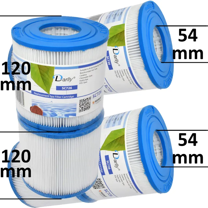 Två Darlly SC726-spafilter med måttangivelser 120 mm i höjd och 54 mm i inre diameter markerade med linjer.