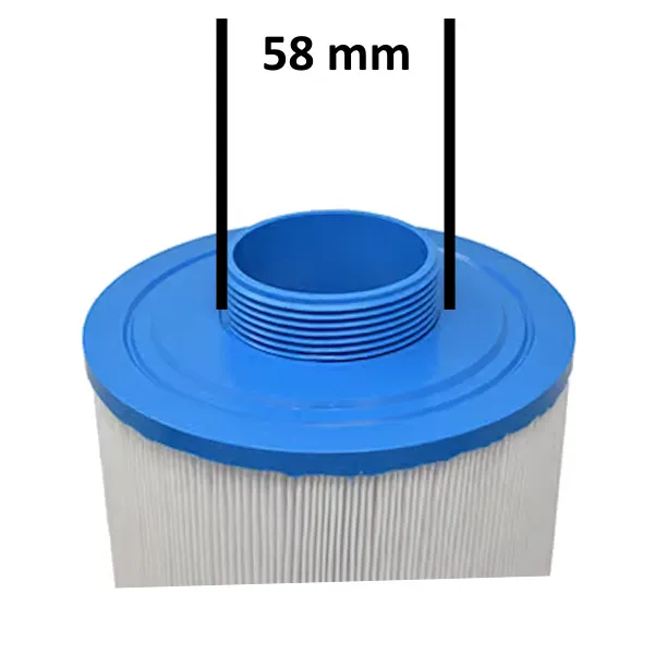 Spafilter Darlly SC719 uppifrån med gängad öppning, måttlinjer visar en diameter på 58 mm.