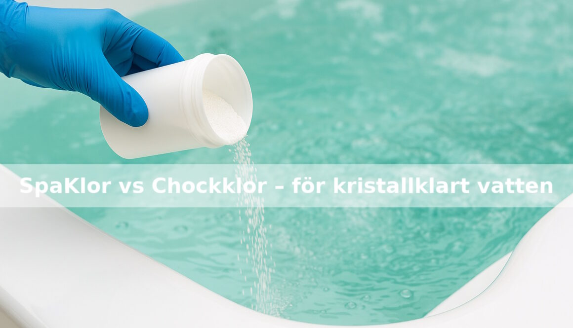 En person med skyddshandskar häller klorgranulat i ett spabad med kristallklart vatten. Skillnaden mellan SpaKlor och Chockklor
