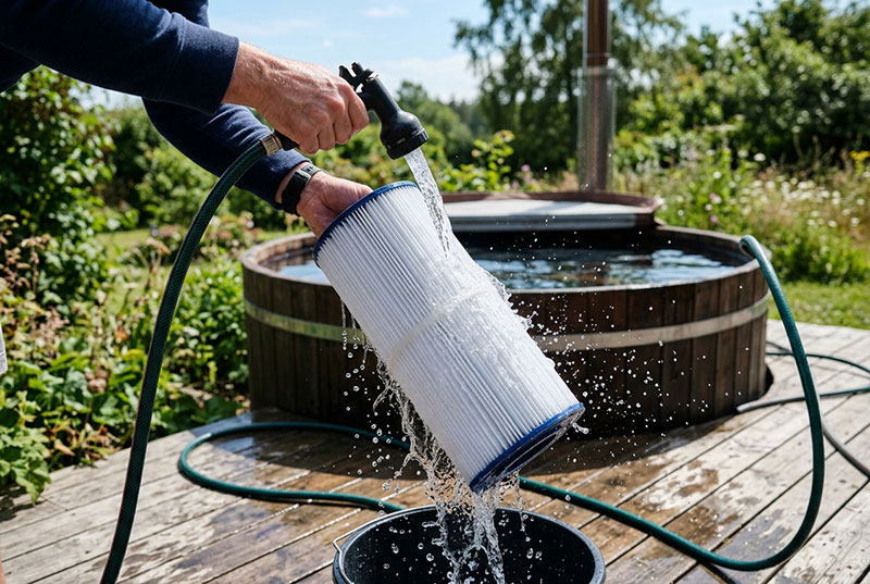Rengöring av spafilter under rinnande vatten