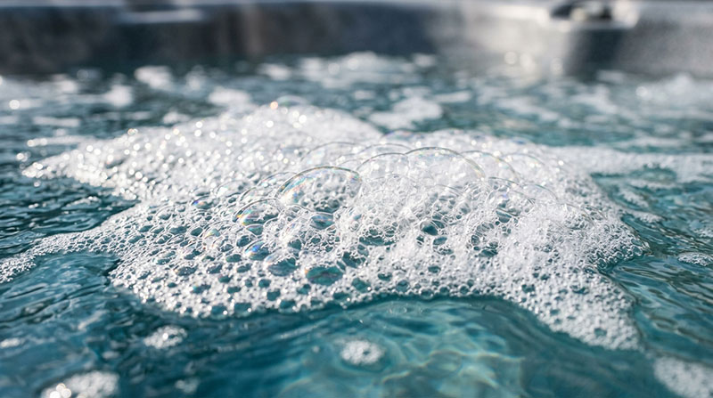 Närbild på vitt skum med fina bubblor på spabadets vattenyta