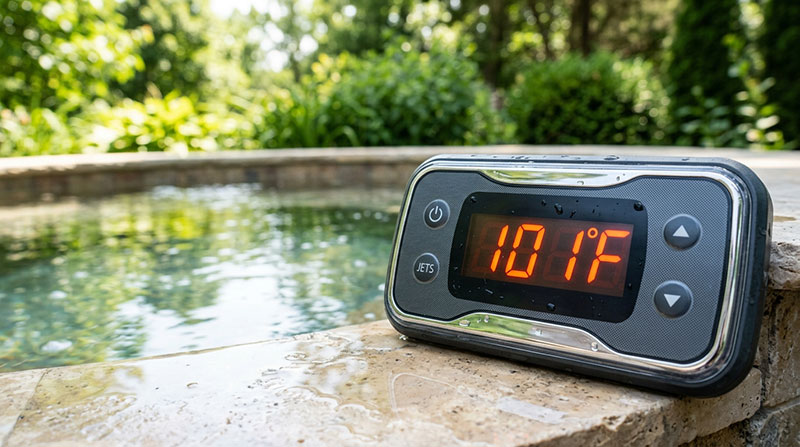 Spabadets display som visar vattentemperaturen
