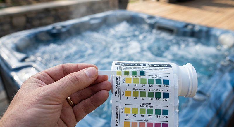 Testremsa som visar avläst alkalinitet mot färgskala