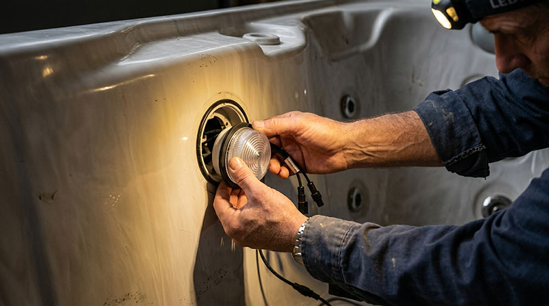 Hand som monterar en ny LED-modul i spabadets lamphus