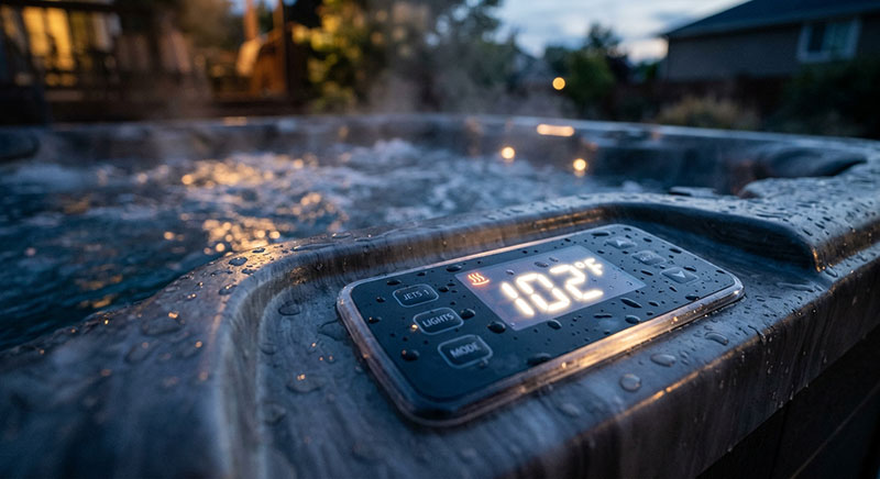 Tänd touchpanel på kanten av ett spabad som visar temperatur
