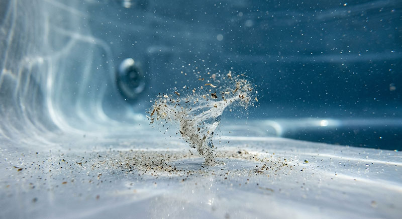 Fint sediment och små partiklar på den släta botten i ett spabad