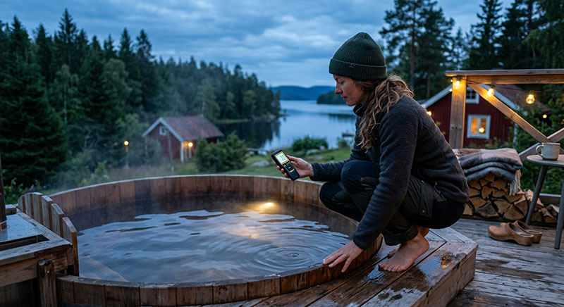 Person vid kanten av ett spabad som läser av en digital vattentestare